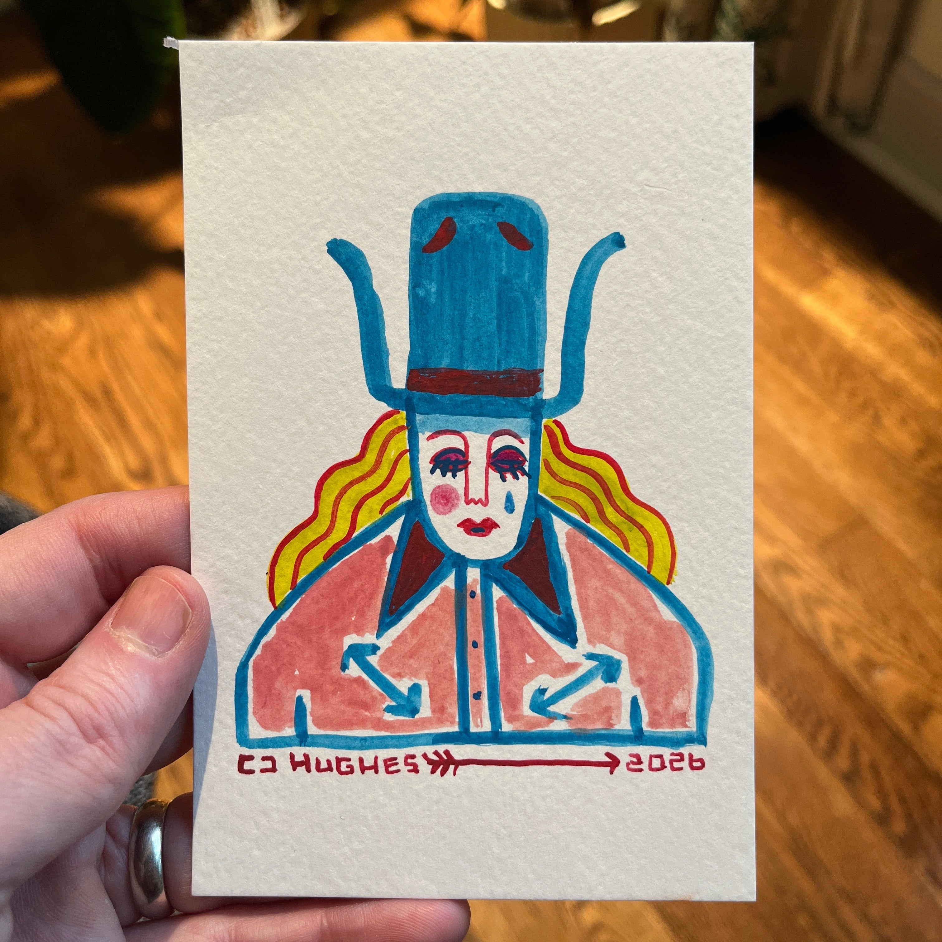 hand painted illustration of a crying woman in a blue cowboy hat