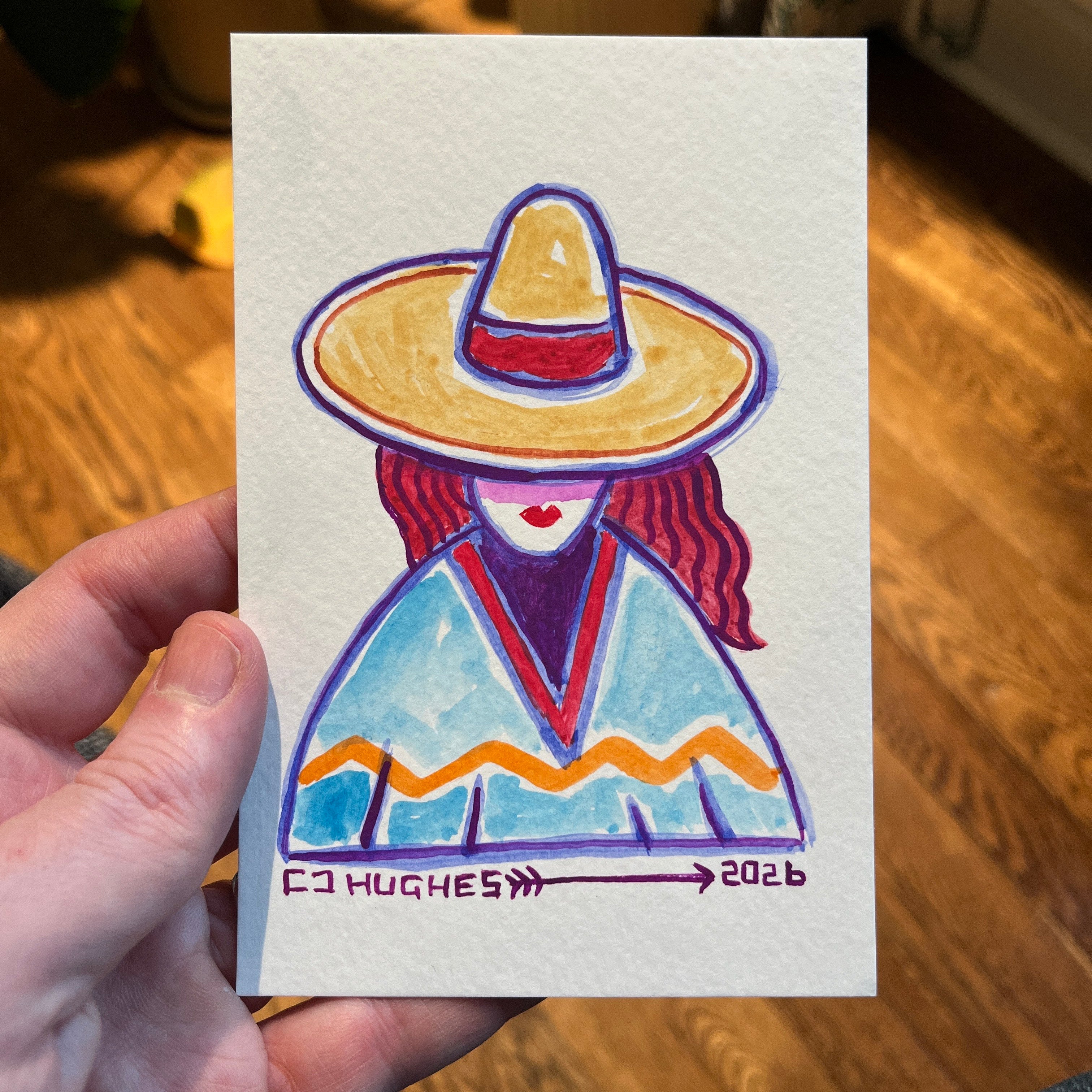 Watercolor painting of a woman in a sombrero with her face obscured
