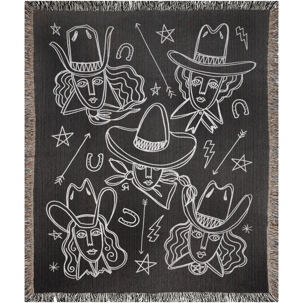 Cotton woven blnnket with a black background featuring six hand draw cowgirl heads.