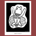 cowgirl tattoo flash illustration by cj hughes, black and white, with cowboy hat
