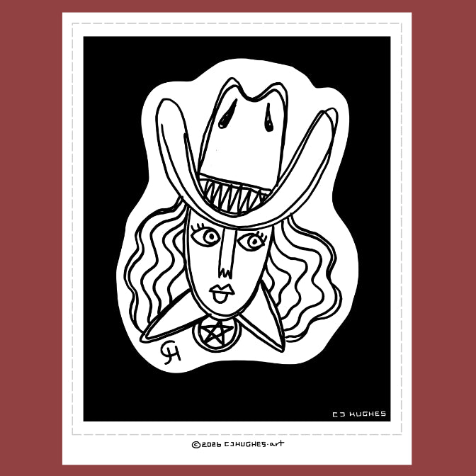 cowgirl tattoo flash illustration by cj hughes, black and white, with cowboy hat