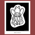 black and white line drawing of a woman wearing a cowboy hat