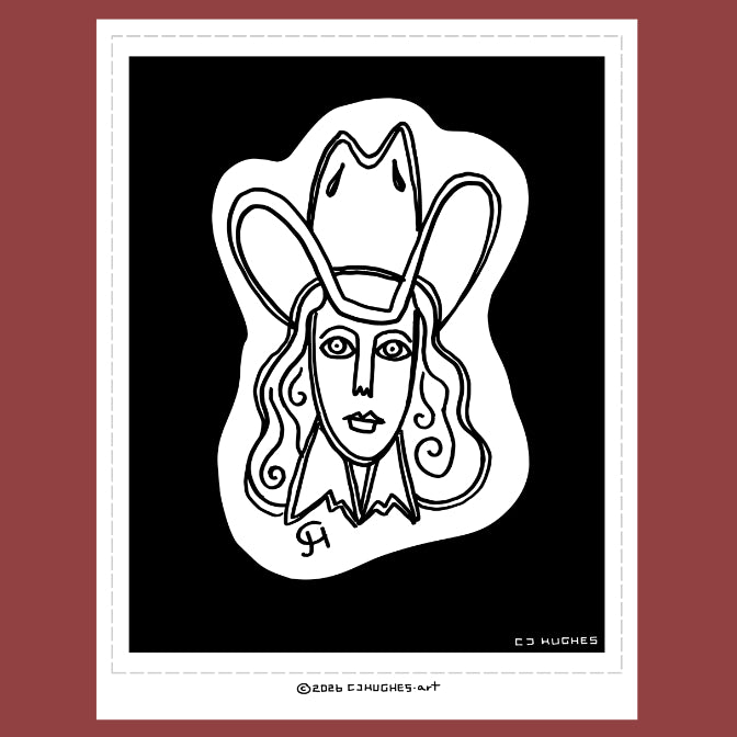 black and white line drawing of a woman wearing a cowboy hat