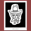 black and white line drawing of a woman wearing a cowboy hat, vintage tattoo flash style