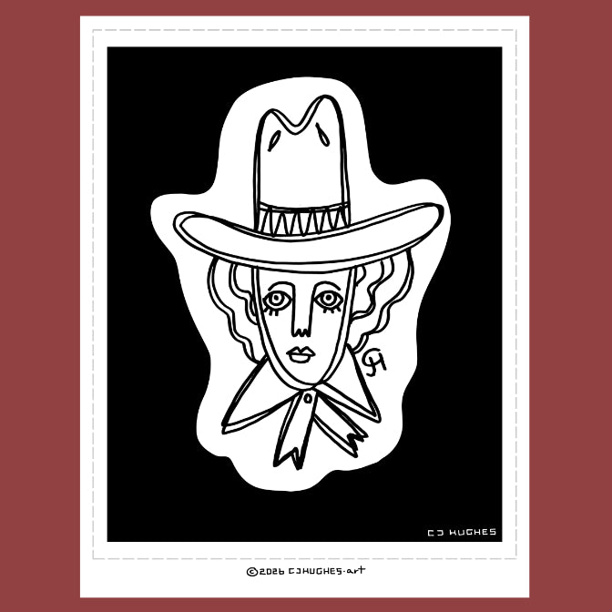 black and white line drawing of a woman wearing a cowboy hat, vintage tattoo flash style