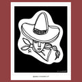 black and white line art illustrations of a woman with a pony tail wearing a sombrero 