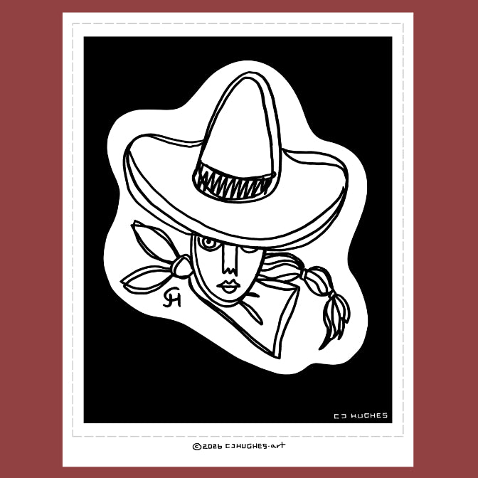 black and white line art illustrations of a woman with a pony tail wearing a sombrero 
