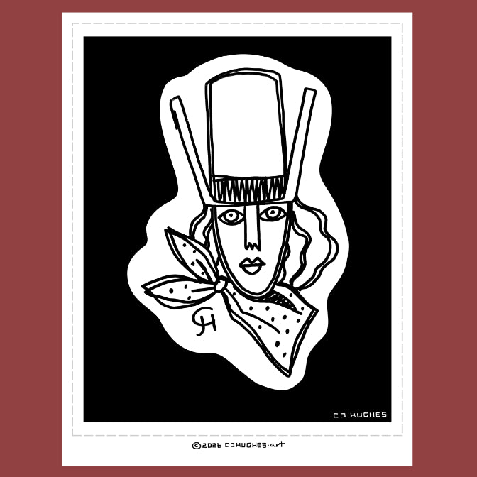 line art illustration of a woman with a tall cowboy hat and bandana