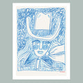 Hand drawn illustration of a cowgirl in a cowboy hat and scarf, drawn in blue crayon.