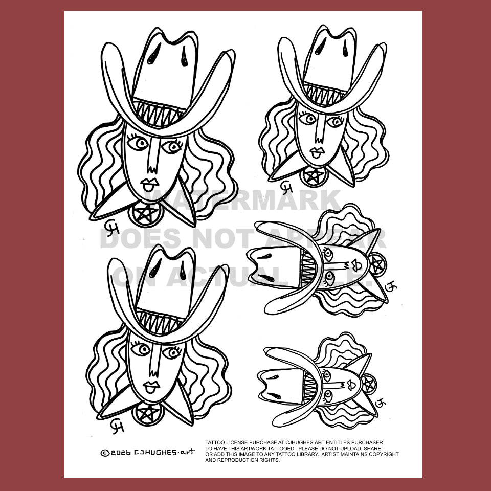 A tattoo flash art page featuring a woman in a cowboy hat.