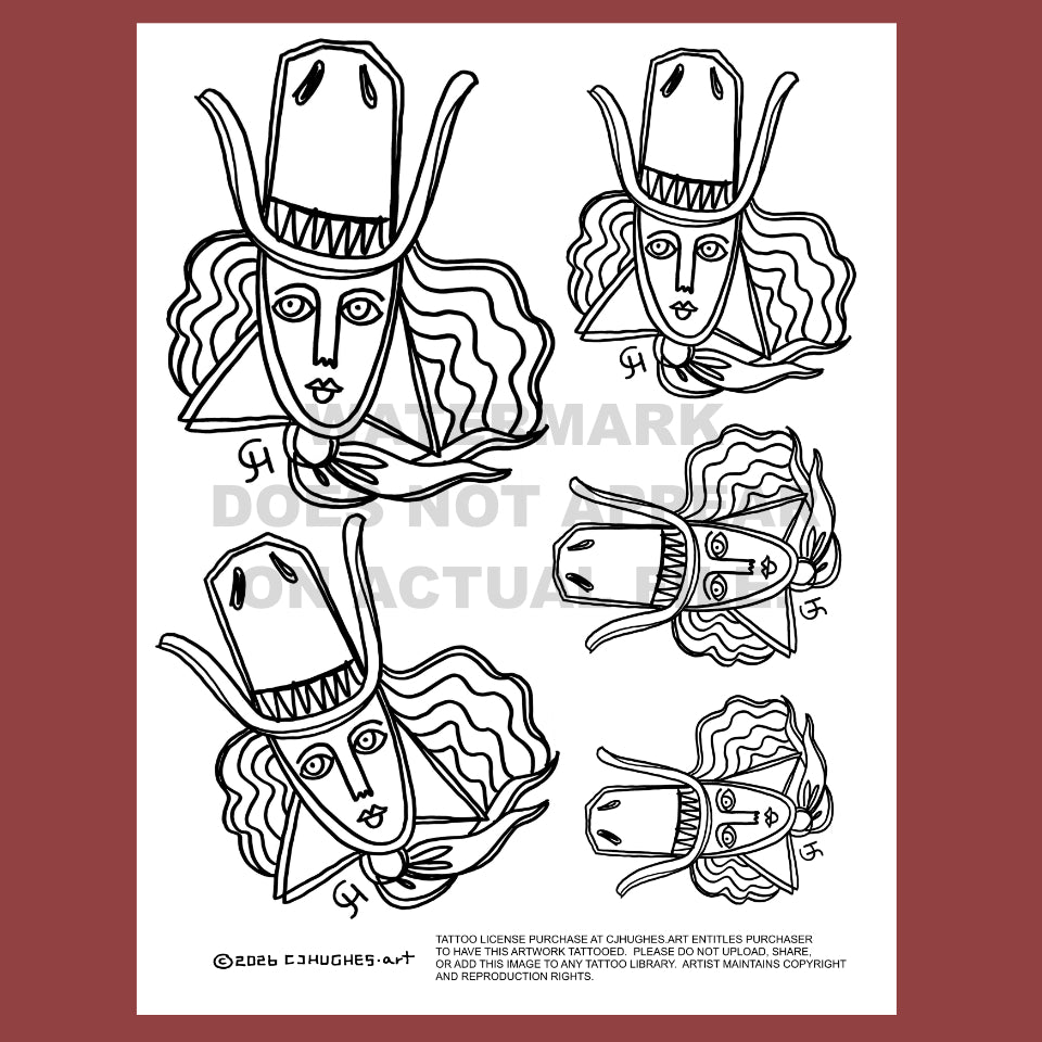 A tattoo flash art sheet of a cowgirl by artist CJ Hughes