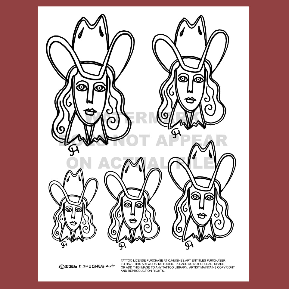 tattoo flash sheet featuring hand drawn cowgirl with long hair and cowboy hat by cj hughes
