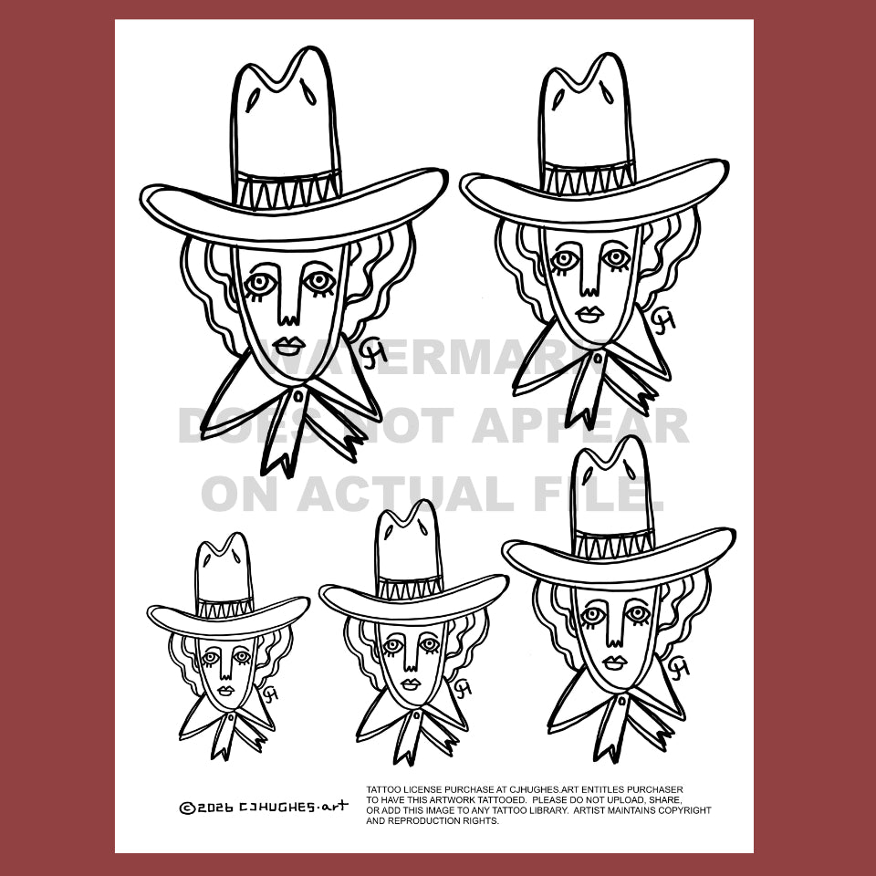 vintage style tattoo flash sheet cowgirl art by artist cj hughes