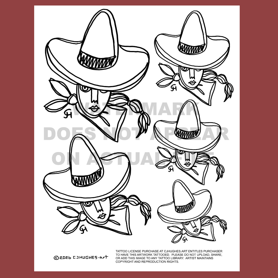 tattoo flash art sheet featuring a woman wearing a sombrero and bandana by cj hughes