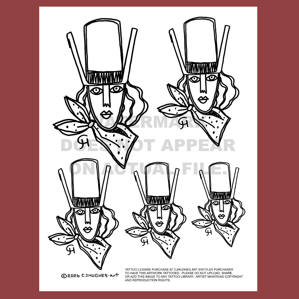 black and white line art tattoo flash sheet featuring a woman wearing a tall cowboy hat