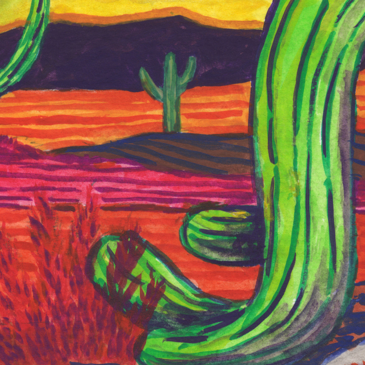 Detail of a cactus painted in watercolor