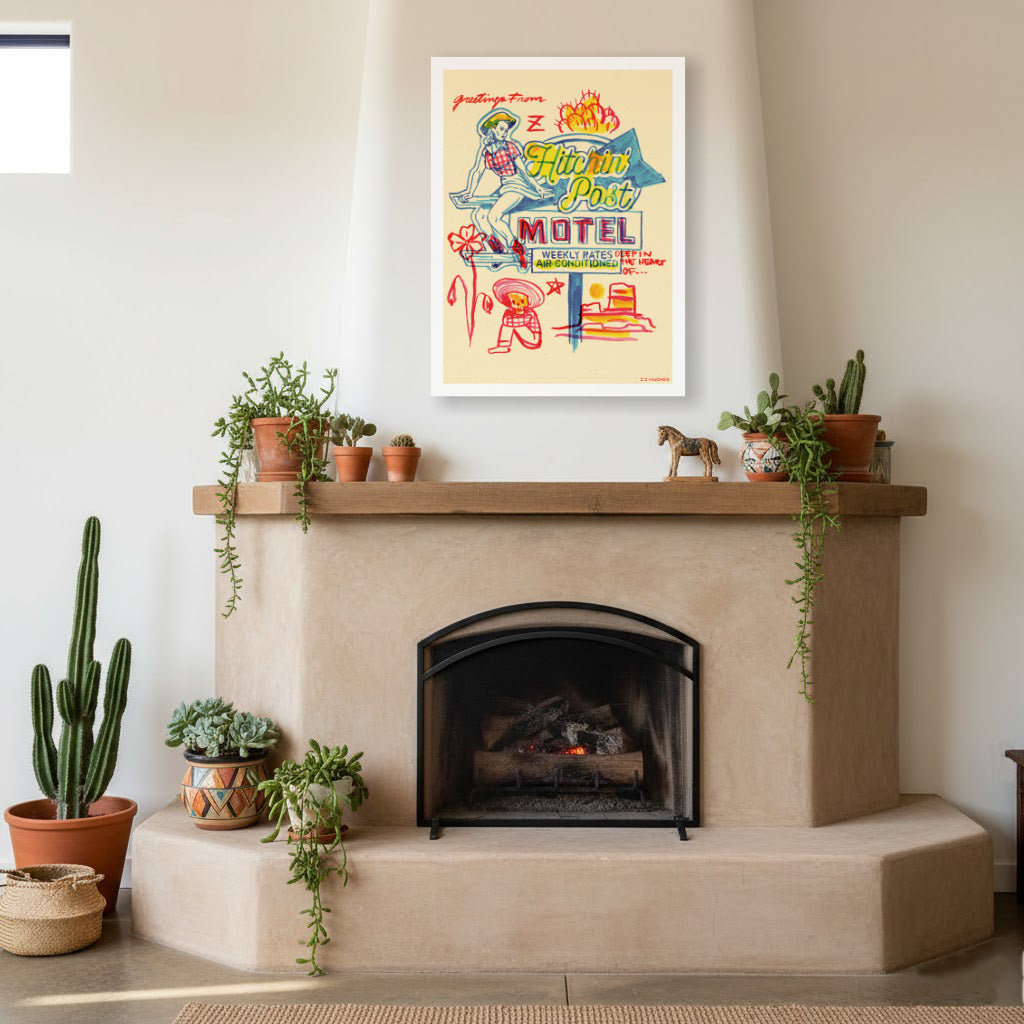 stretched canvas print of a neon inspired western image over a fireplace