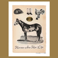 A collage of vintage images of a palomino horse, cowboy hat, boots, saddles and belt buckle with the phrases "horses are her life" below it.