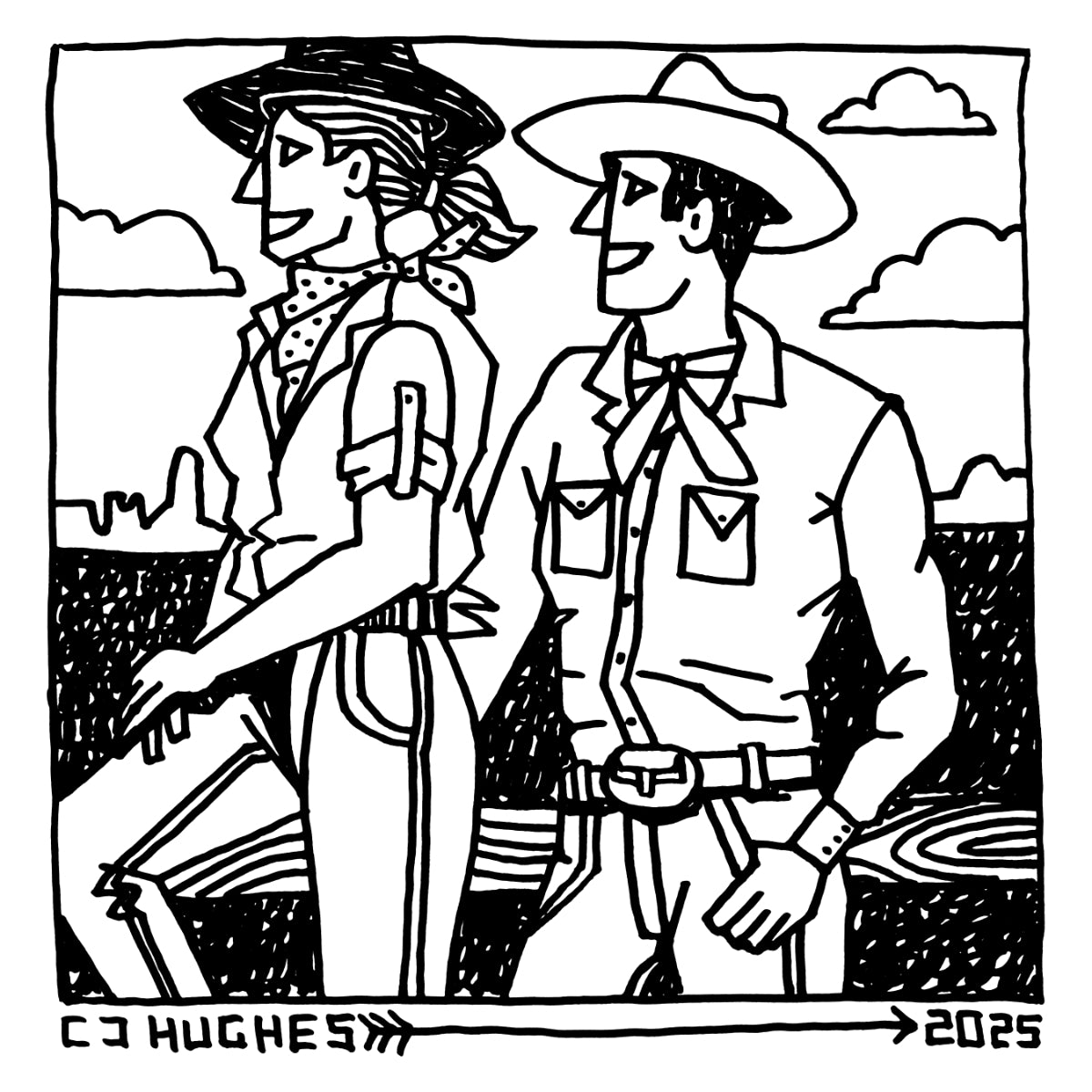 a pen and ink drawing of a couple in western attire by CJ Hughes