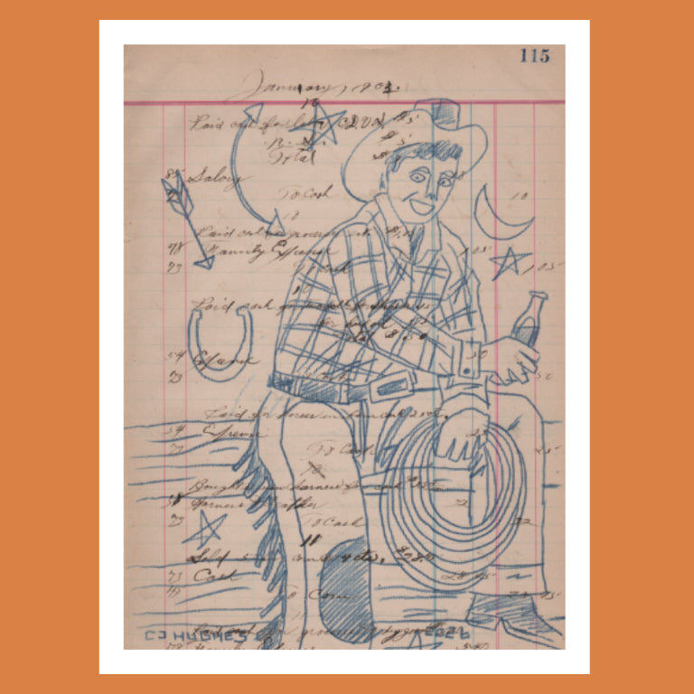 print featuring a hand drawn cowboy holding a lasso and pop bottle over a 1900s farm journal page.