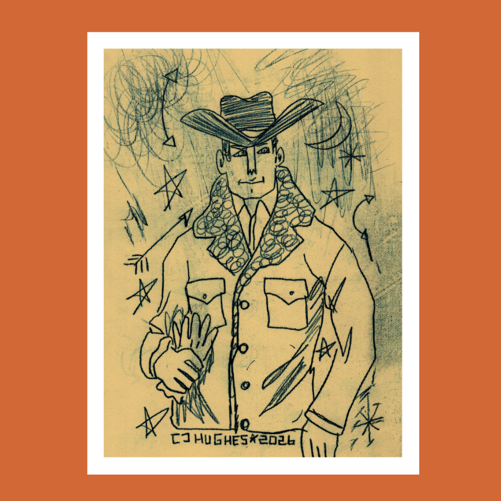 Illustration of a person wearing a cowboy hat and jacket on a textured beige background with star and arrow designs.