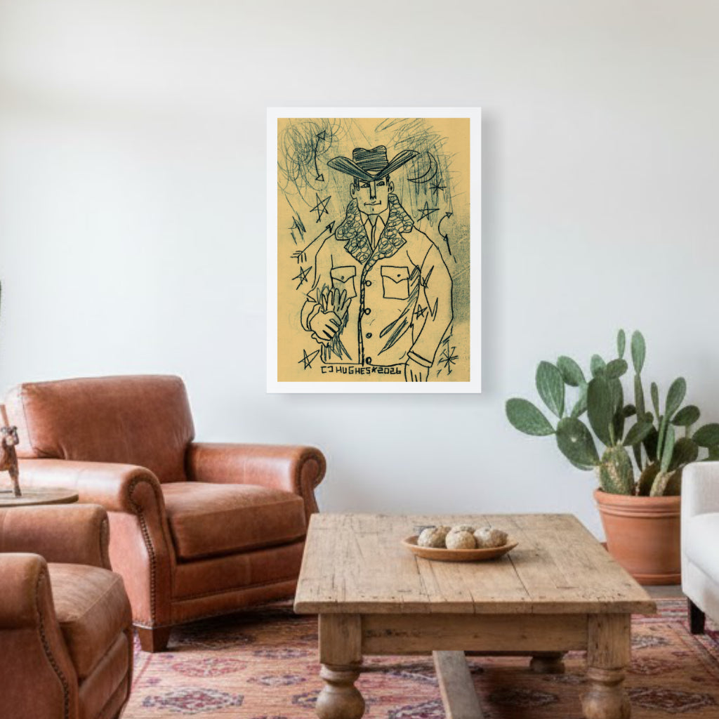 Framed artwork of a person in a cowboy hat on a wall above a wooden coffee table in a living room.