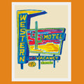 Print image based on a watercolor painting of a vintage Western Motel neon roadside